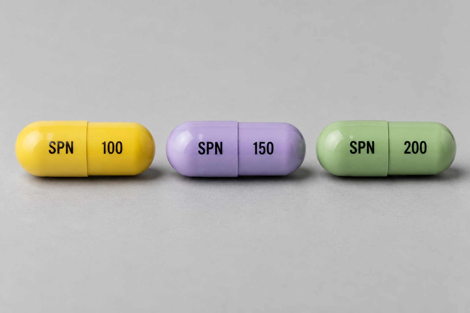 Illustration générée de trois gélules Qelbree 100, 150 et 200 mg