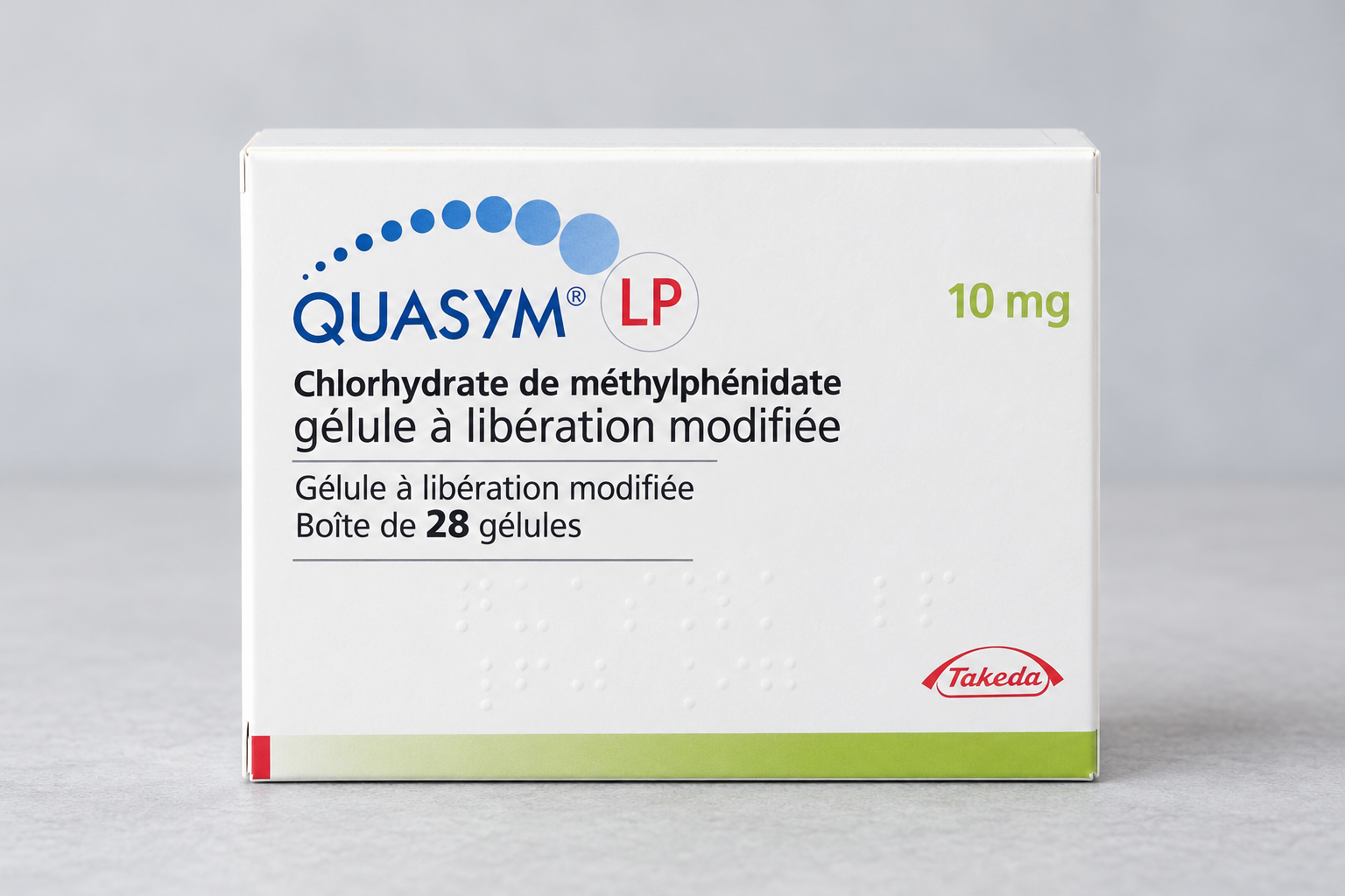 Illustration générée d’une boîte Quasym LP 10 mg, présentée de face