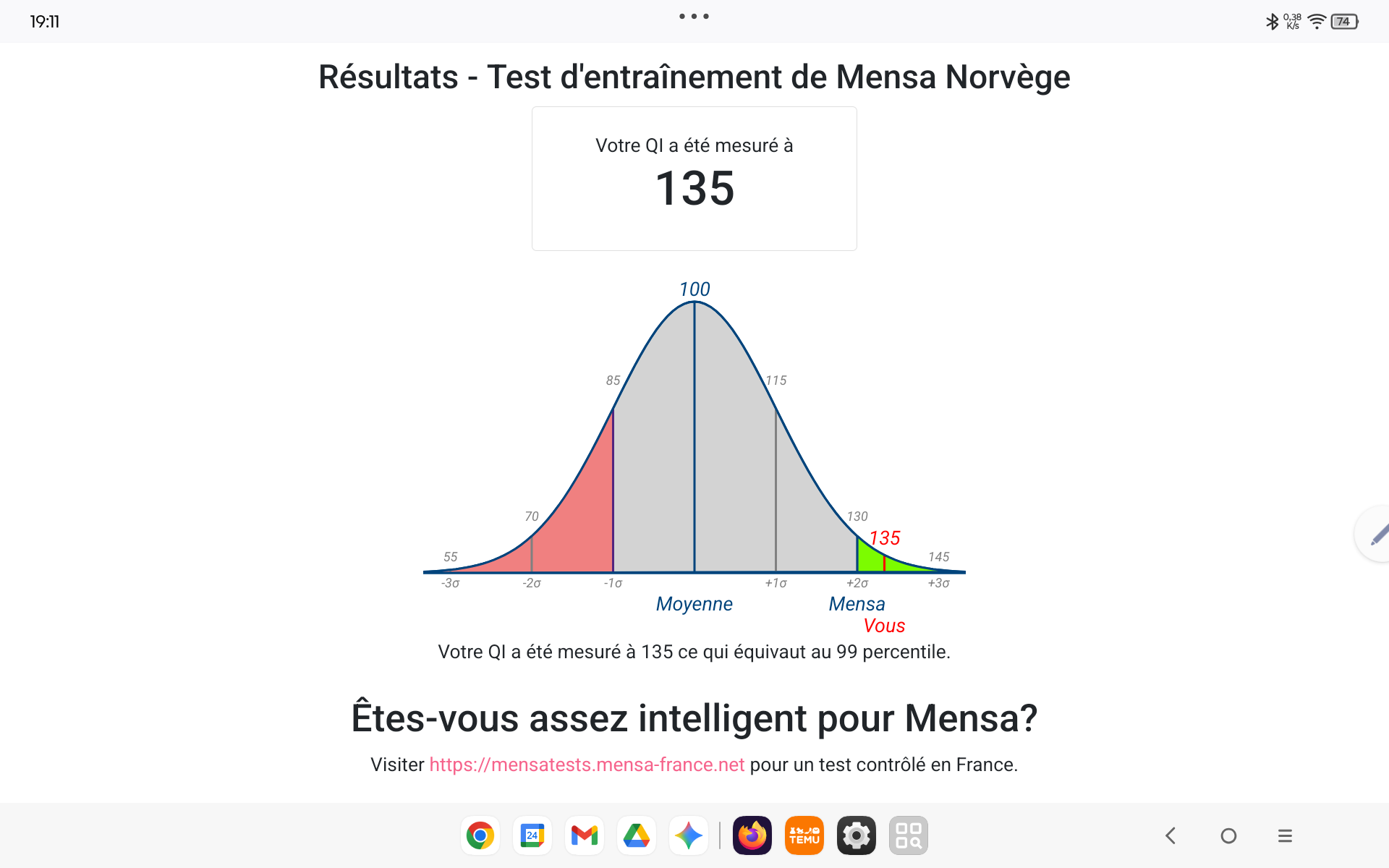 Capture du résultat personnel au test d’entraînement Mensa Norvège